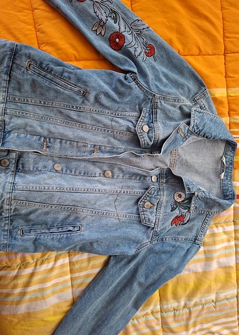 l Beden Nakışlı Kadın Mavi Denim Ceket