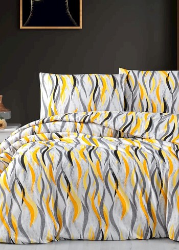 Sarı ve Gri Batik Desenli Nevresim seti çift kişilik pamuklu