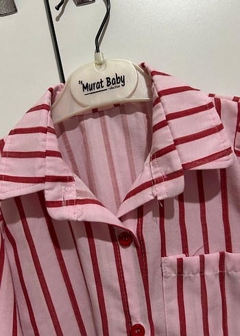 Pembe Çizgili Keten Mini Gömlek - Görsel 3