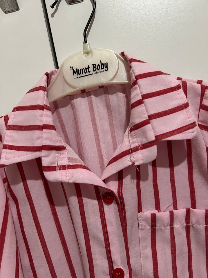 Pembe Çizgili Keten Mini Gömlek - Görsel 3