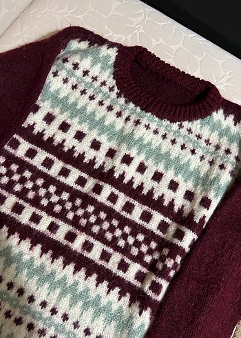 Bordo Desenli Kadın Triko Kazak - Görsel 2