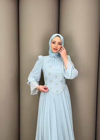 Mavi Nakışlı Uzun Kollu Abiye Elbise - Görsel 3