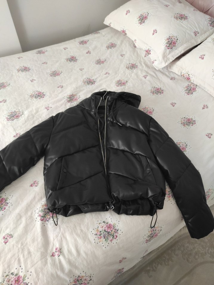 Kemerli Siyah Deri Kadın Kısa Mont - Görsel 2