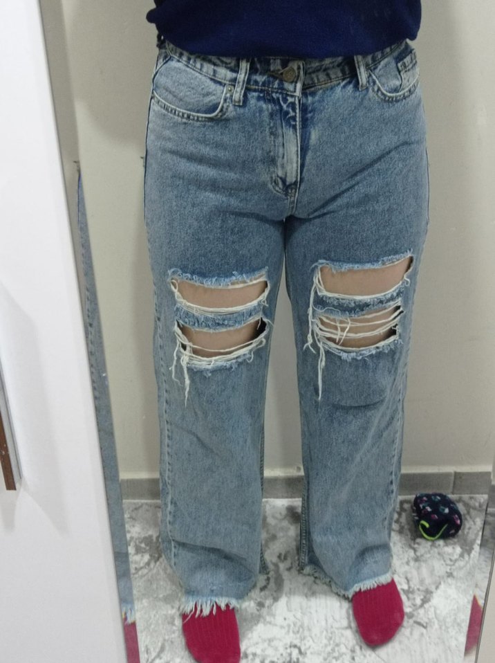 Kadın Mavi Yırtık Bol Kesim Midi Jean - Görsel 2