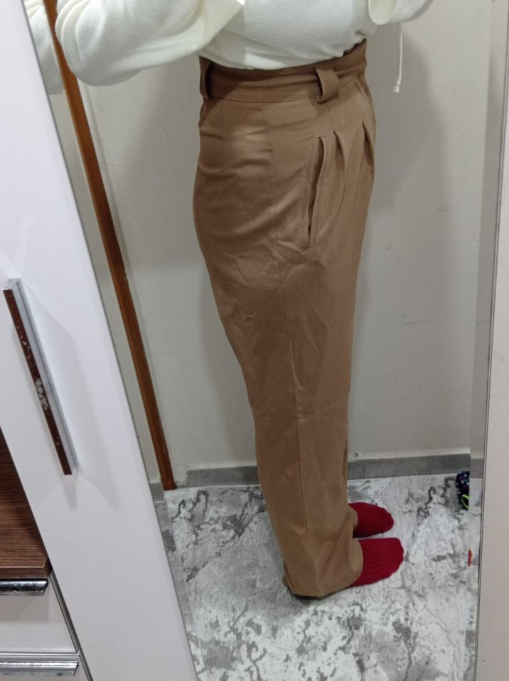 Bej Midi Rahat Kesim Kadın Kumaş Pantolon - Görsel 2