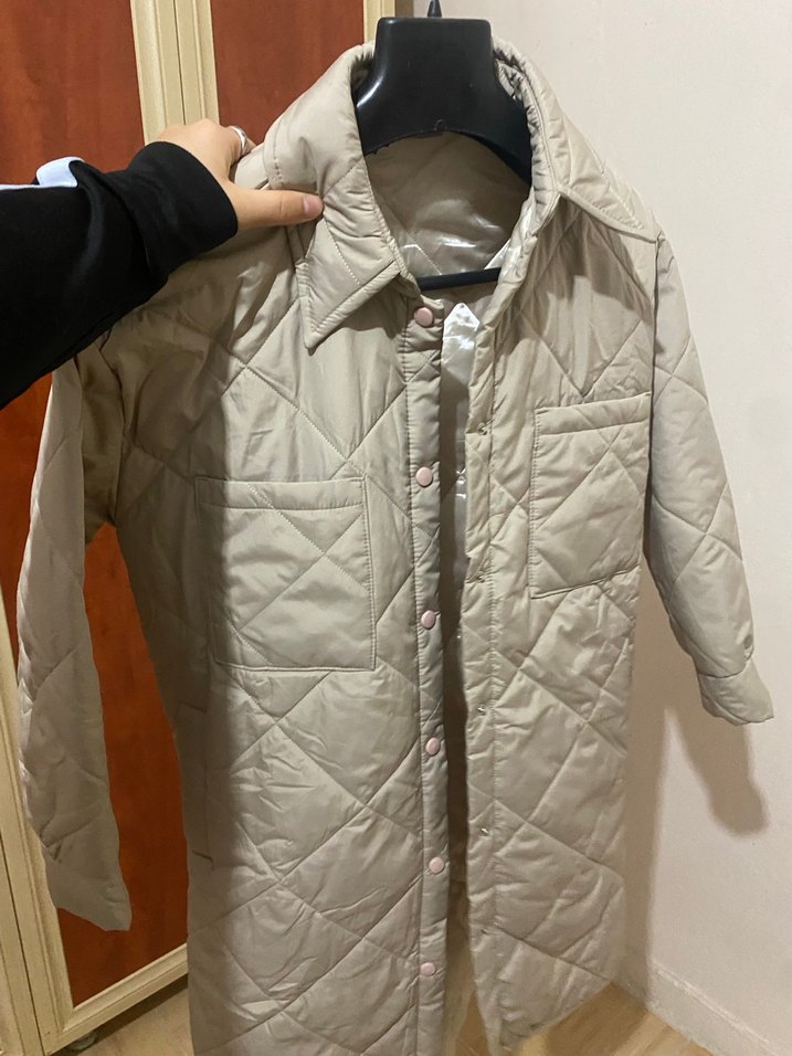 Düğmeli Bej Kadın Uzun mont - Görsel 3