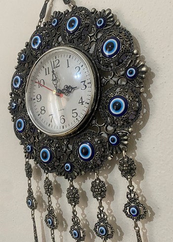 Mavi Göz Detaylı Vintage Gri Duvar Saati eskitme detaylı - Görsel 2