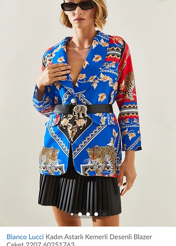Bianco Lucci Kadın Desenli Kemerli Mini Blazer - Görsel 3