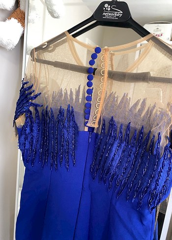 Drapeli Mavi Uzun Abiye Elbise - Görsel 5