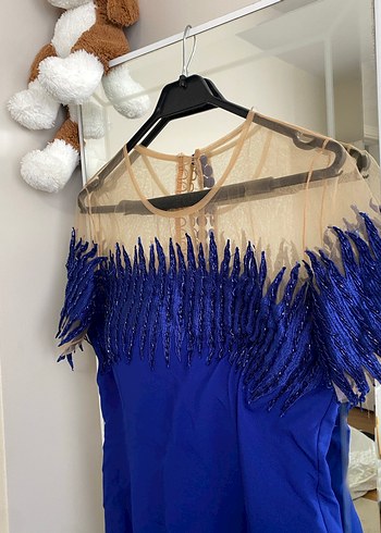 Drapeli Mavi Uzun Abiye Elbise - Görsel 3