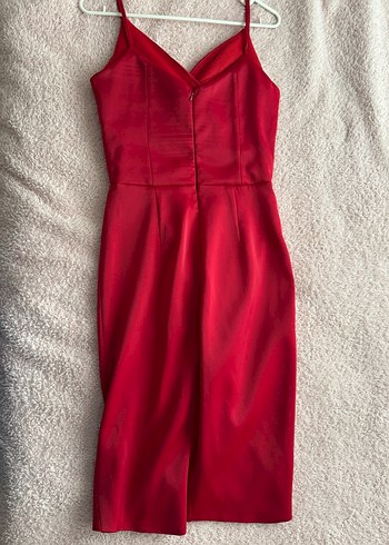 Kırmızı Midi Drapeli V Yaka Abiye Elbise - Görsel 5