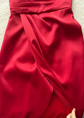 Kırmızı Midi Drapeli V Yaka Abiye Elbise - Görsel 6