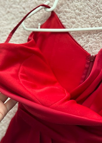 Kırmızı Midi Drapeli V Yaka Abiye Elbise - Görsel 8