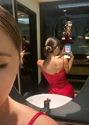 Kırmızı Midi Drapeli V Yaka Abiye Elbise - Görsel 11