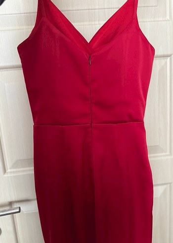 Kırmızı Midi Drapeli V Yaka Abiye Elbise - Görsel 3