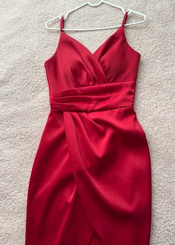 Kırmızı Midi Drapeli V Yaka Abiye Elbise - Görsel 4