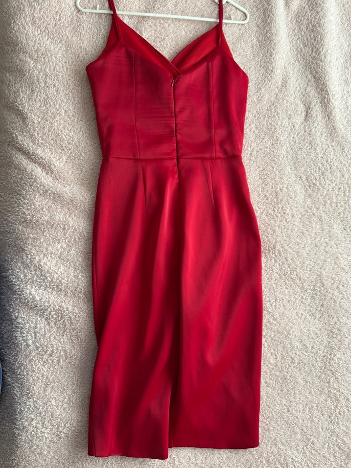 Kırmızı Midi Drapeli V Yaka Abiye Elbise - Görsel 5