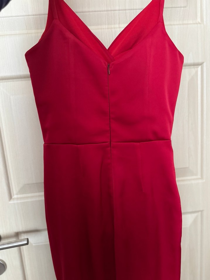 Kırmızı Midi Drapeli V Yaka Abiye Elbise - Görsel 3