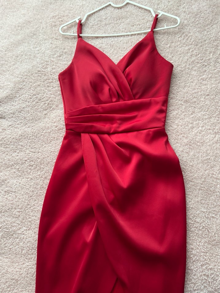 Kırmızı Midi Drapeli V Yaka Abiye Elbise - Görsel 4