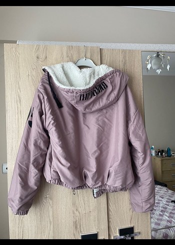 m Beden Peluş Astarlı Kapüşonlu Pembe Kadın Mont