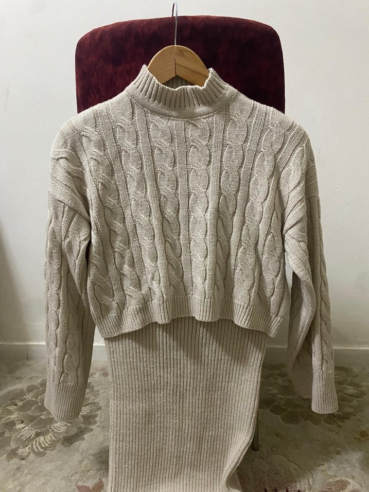 Bej Triko Uzun Bohem Elbise - Görsel 2