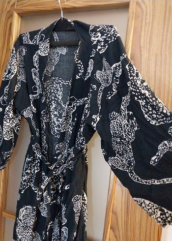 Siyah Yılan Desenli Bohem Kadın Uzun Kimono - Görsel 3