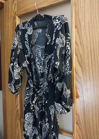 Siyah Yılan Desenli Bohem Kadın Uzun Kimono - Görsel 2