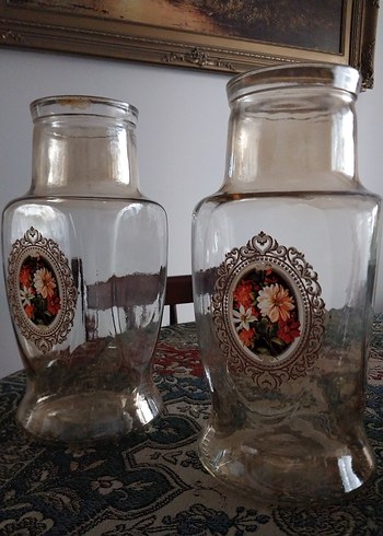 Bej Renkli Desenli Cam Vazo Çift - Görsel 2