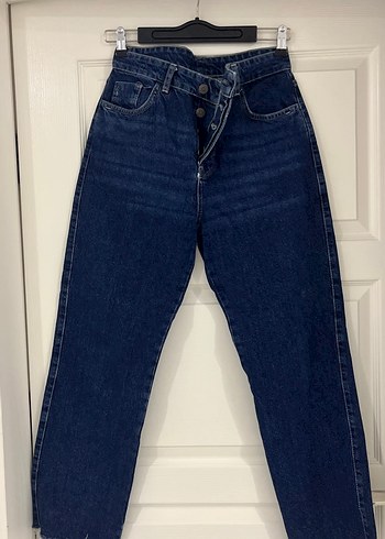 Düğmeli Koyu Mavi Kadın Denim Pantolon