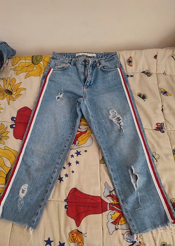 Diğer Renkli Şeritli Bol Kesim Midi Kot Pantolon