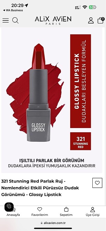 321 Stunning Red Parlak Ruj - Nemlendirici Etkili Pürüzsüz Dudak