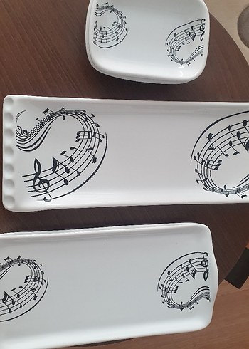 Beden Müzik Desenli Beyaz Gri Servis Tabağı Seti