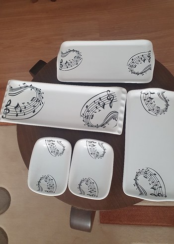 Müzik Desenli Beyaz Gri Servis Tabağı Seti
