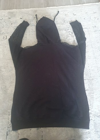 Dantel Detaylı Siyah Kapüşonlu Sweatshirt. 42 Beden. - Görsel 5