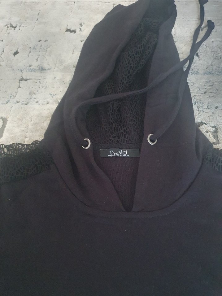 Dantel Detaylı Siyah Kapüşonlu Sweatshirt. 42 Beden. - Görsel 4