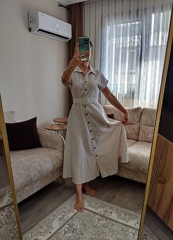m Beden ten rengi Renk SİYAH ÇİZGİLİ BELİ KEMERLİ ELBİSE