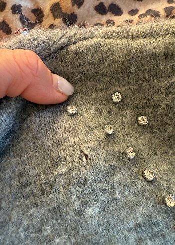 Nakışlı Gri kısa Kollu Örgü Hırka - Görsel 5