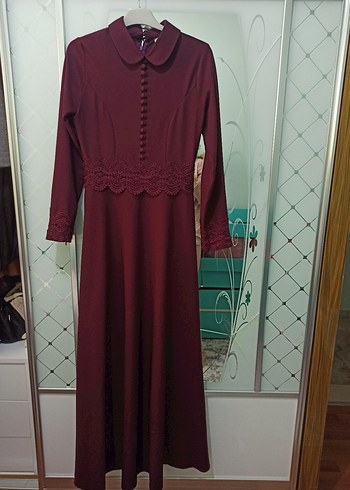 Düğmeli Bordo Uzun Kadın Elbise
