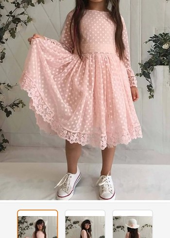 Kız Çocuk Pembe Puantiyeli Dantel Elbise