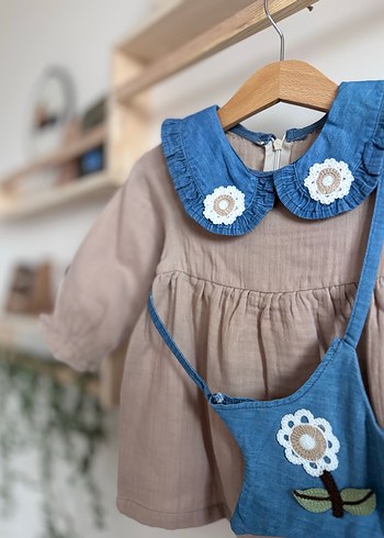 Bej Nakışlı müslin Kız Elbisesi - Görsel 3