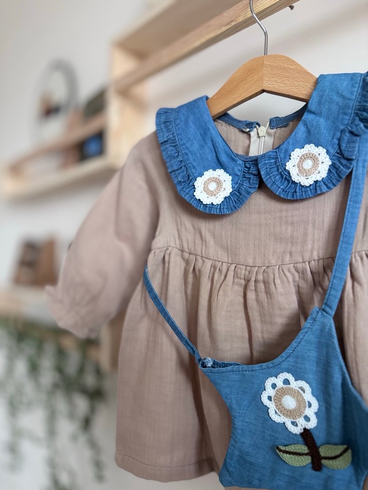 Bej Nakışlı müslin Kız Elbisesi - Görsel 3