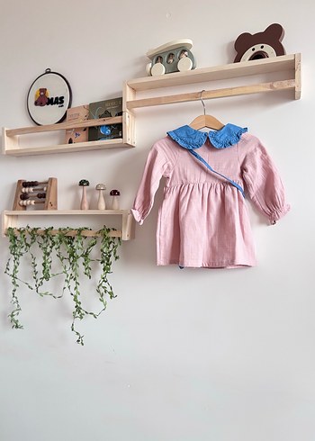 Pembe Nakışlı Çantalı Uzun Kollu Kız Elbisesi - Görsel 3