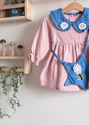 Pembe Nakışlı Çantalı Uzun Kollu Kız Elbisesi - Görsel 2