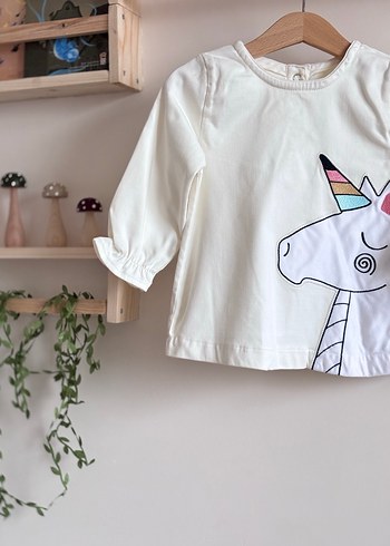 Unicorn Baskılı Uzun Kollu Kız elbisesi kot elbise - Görsel 2