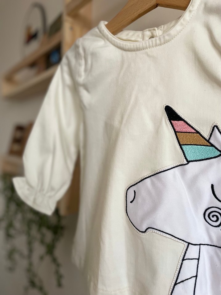 Unicorn Baskılı Uzun Kollu Kız elbisesi kot elbise - Görsel 3