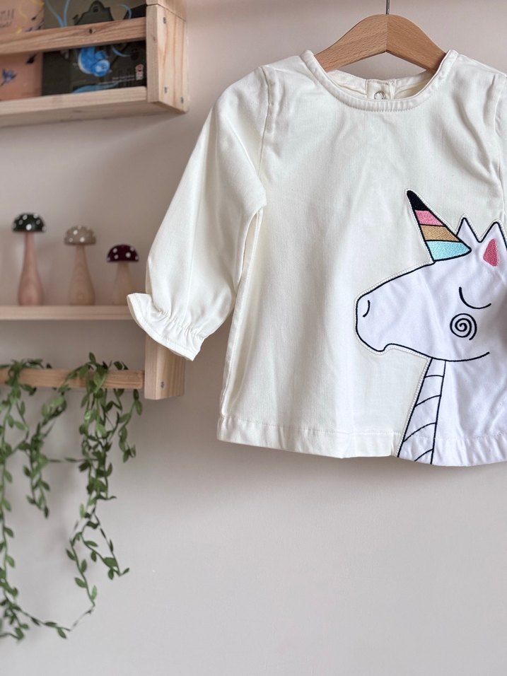 Unicorn Baskılı Uzun Kollu Kız elbisesi kot elbise - Görsel 2