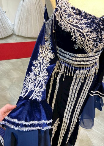 Boncuk İşlemeli Uzun Mavi Kadın Kına Elbisesi (Kaftan) - Görsel 5