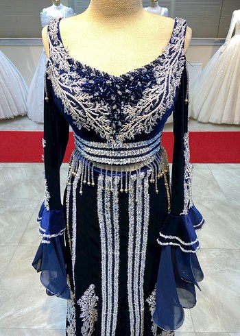 Boncuk İşlemeli Uzun Mavi Kadın Kına Elbisesi (Kaftan) - Görsel 2