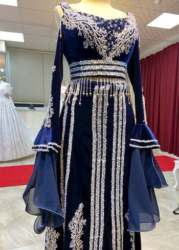 Boncuk İşlemeli Uzun Mavi Kadın Kına Elbisesi (Kaftan) - Görsel 4