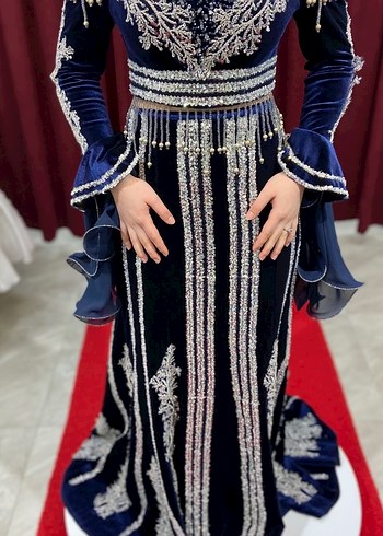 Boncuk İşlemeli Uzun Mavi Kadın Kına Elbisesi (Kaftan) - Görsel 6